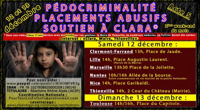 <span style='color:black;font-size:14px;'>(Pedopolis)</span> <span style='color:#DA5725;font-size:26px;'>Acte 5 contre la pédocriminalité et les placements abusif le samedi 12 décembre 2020 dans plusieurs villes de France</span>